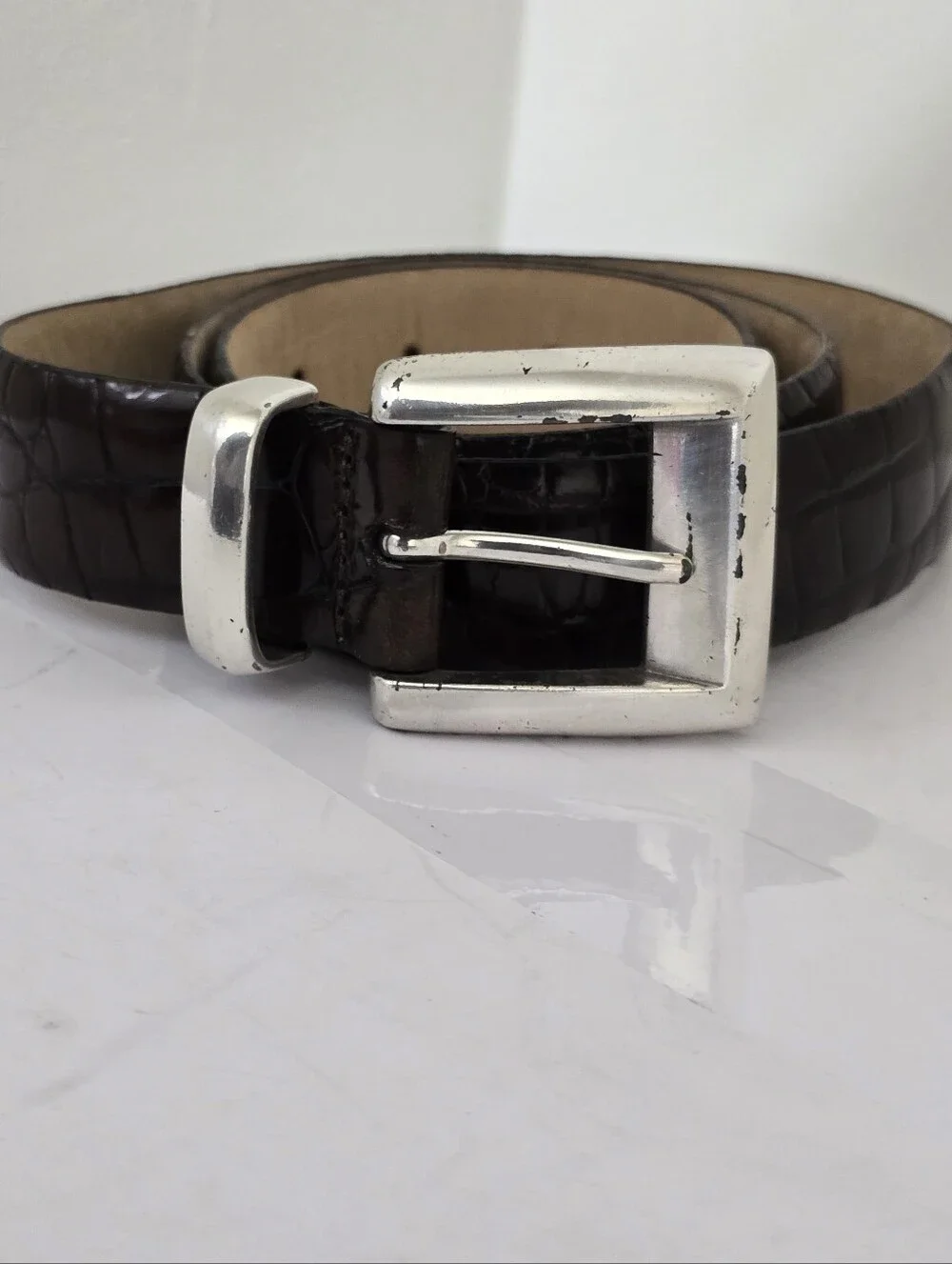 FOSSIL women's size Large Croco Embossed Cowhide Leather Dress Belt Brown